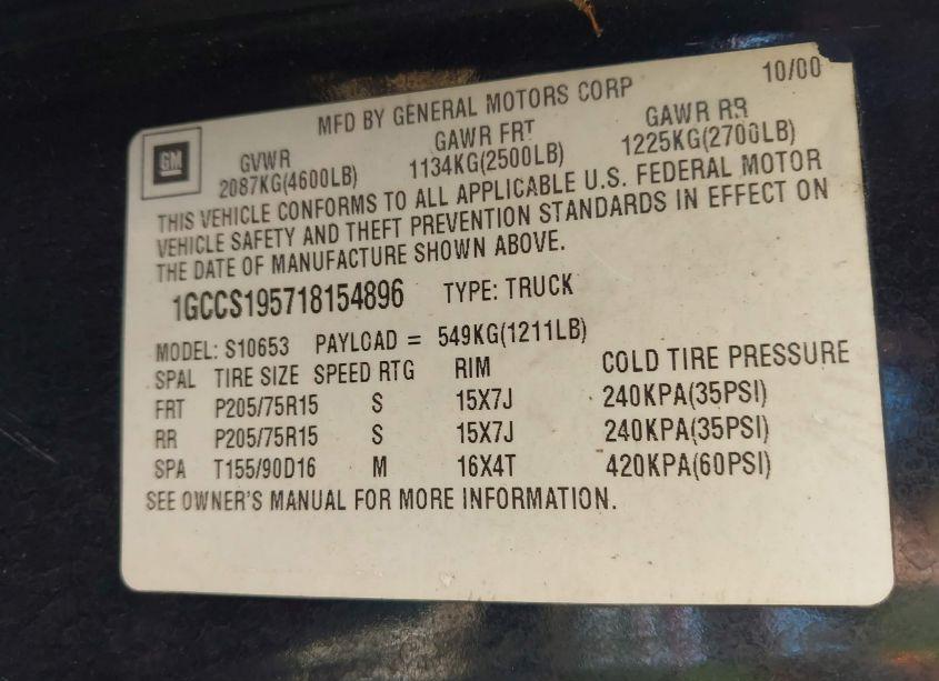 Photo 9 of 2001 Chevrolet S-10 LS (VIN 1GCCS195718154896)