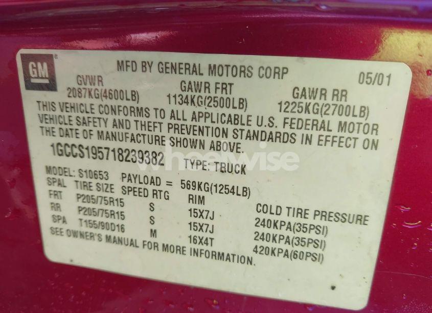 Photo 9 of 2001 Chevrolet S-10 LS (VIN 1GCCS195718239382)