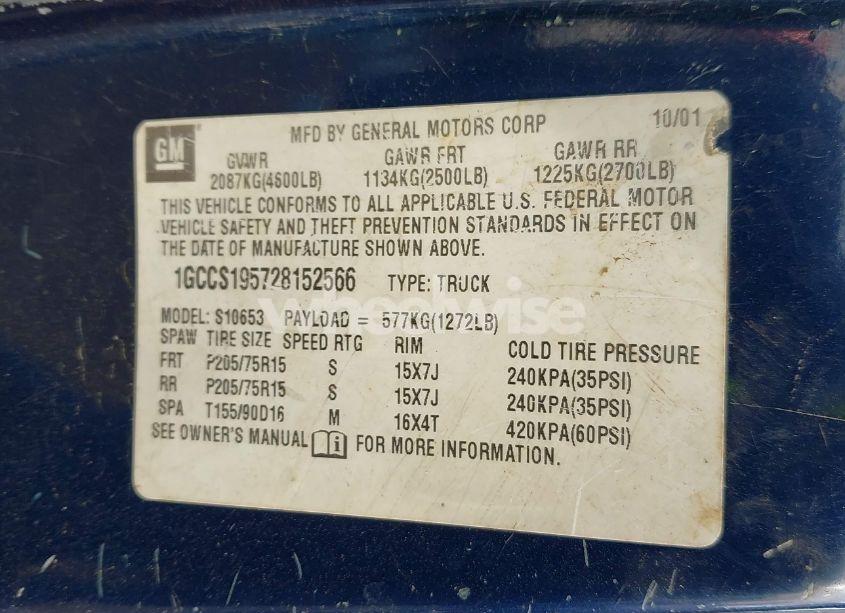 Photo 9 of 2002 Chevrolet S-10 LS (VIN 1GCCS195728152566)