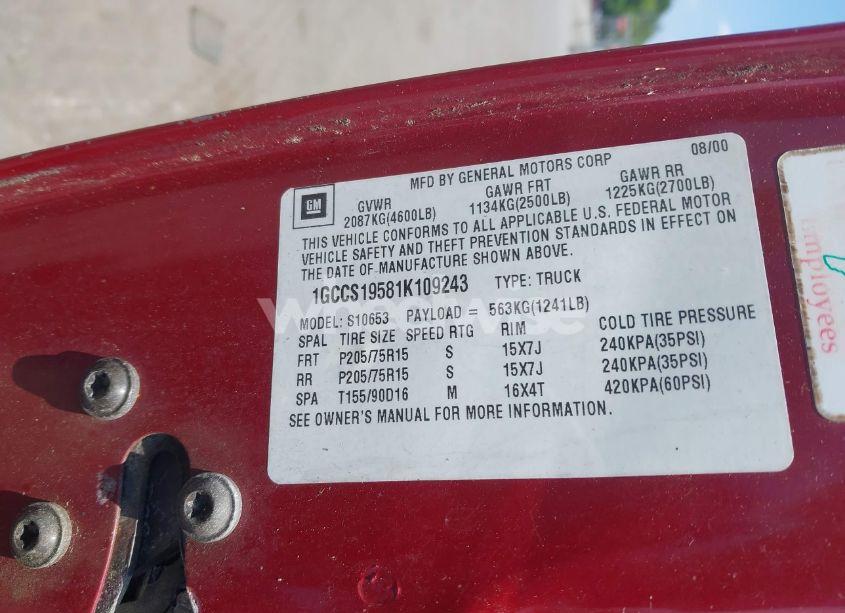 Photo 9 of 2001 Chevrolet S-10 LS (VIN 1GCCS19581K109243)