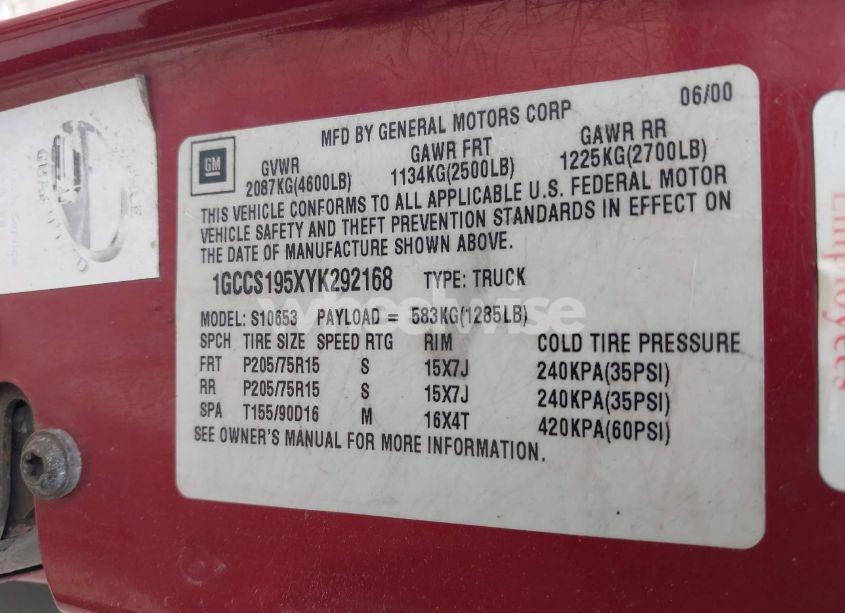 Photo 10 of 2000 Chevrolet S-10 LS (VIN 1GCCS195XYK292168)