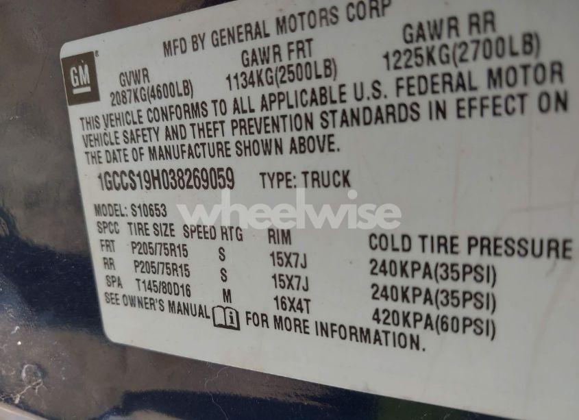 Photo 9 of 2003 Chevrolet S-10 (VIN 1GCCS19H038269059)