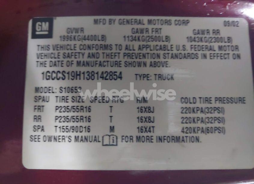 Photo 9 of 2003 Chevrolet S-10 LS (VIN 1GCCS19H138142854)