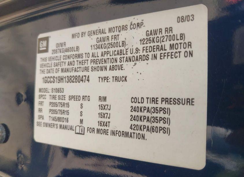 Photo 9 of 2003 Chevrolet S-10 LS (VIN 1GCCS19H138280474)