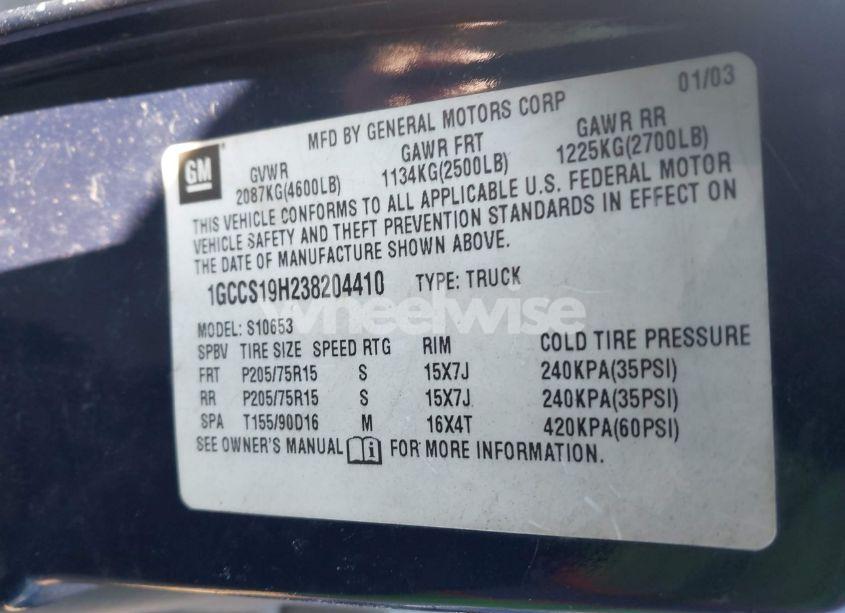 Photo 9 of 2003 Chevrolet S-10 (VIN 1GCCS19H238204410)