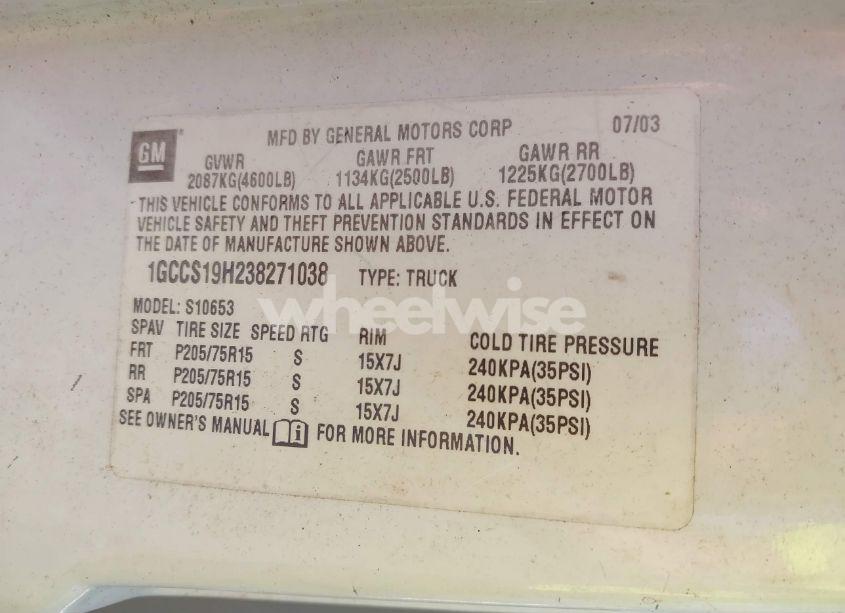 Photo 9 of 2003 Chevrolet S-10 (VIN 1GCCS19H238271038)