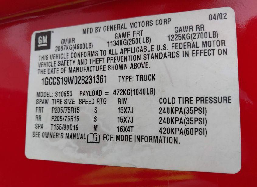 Photo 9 of 2002 Chevrolet S-10 LS (VIN 1GCCS19W028231361)