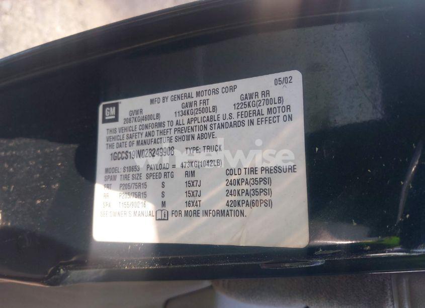 Photo 9 of 2002 Chevrolet S-10 LS (VIN 1GCCS19W028249908)