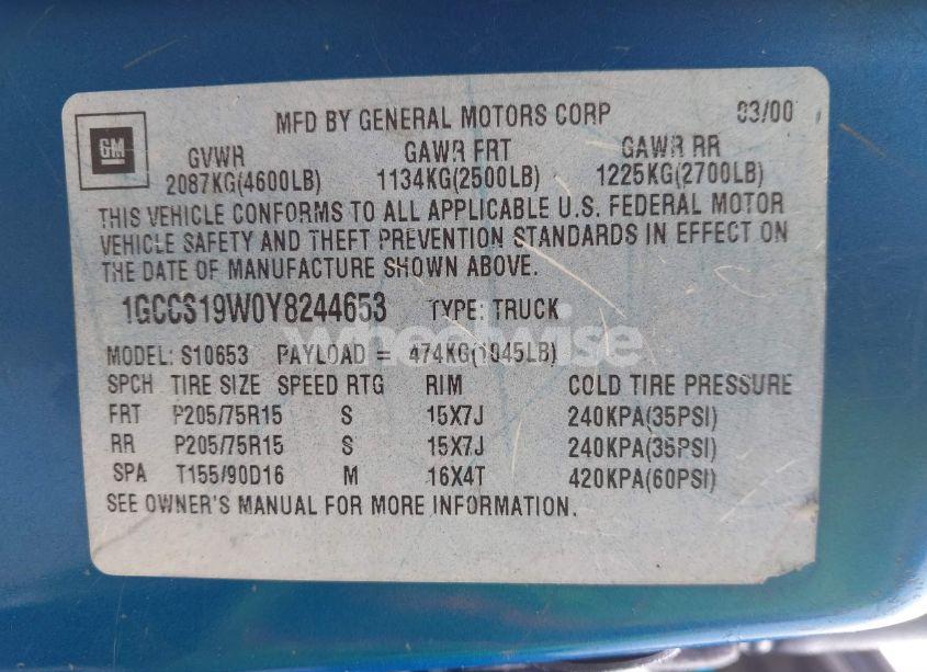 Photo 9 of 2000 Chevrolet S-10 LS (VIN 1GCCS19W0Y8244653)