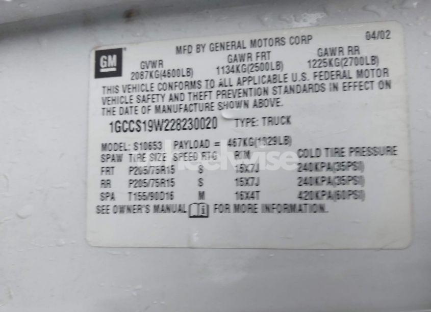 Photo 9 of 2002 Chevrolet S-10 LS (VIN 1GCCS19W228230020)