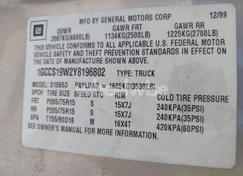 Photo 9 of 2000 Chevrolet S-10 LS (VIN 1GCCS19W2Y8196802)