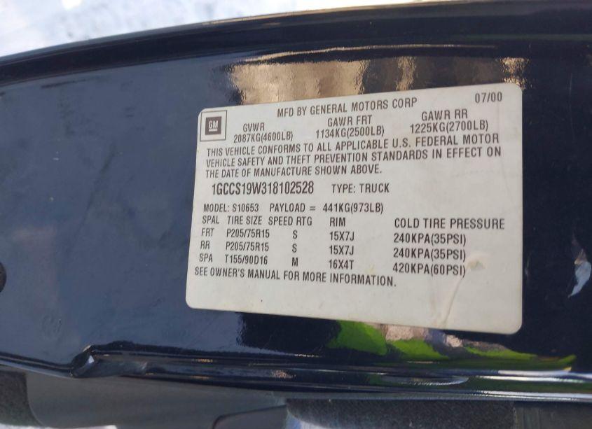 Photo 9 of 2001 Chevrolet S-10 LS (VIN 1GCCS19W318102528)