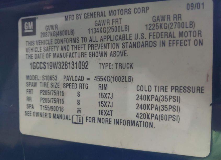 Photo 9 of 2002 Chevrolet S-10 LS (VIN 1GCCS19W328131092)