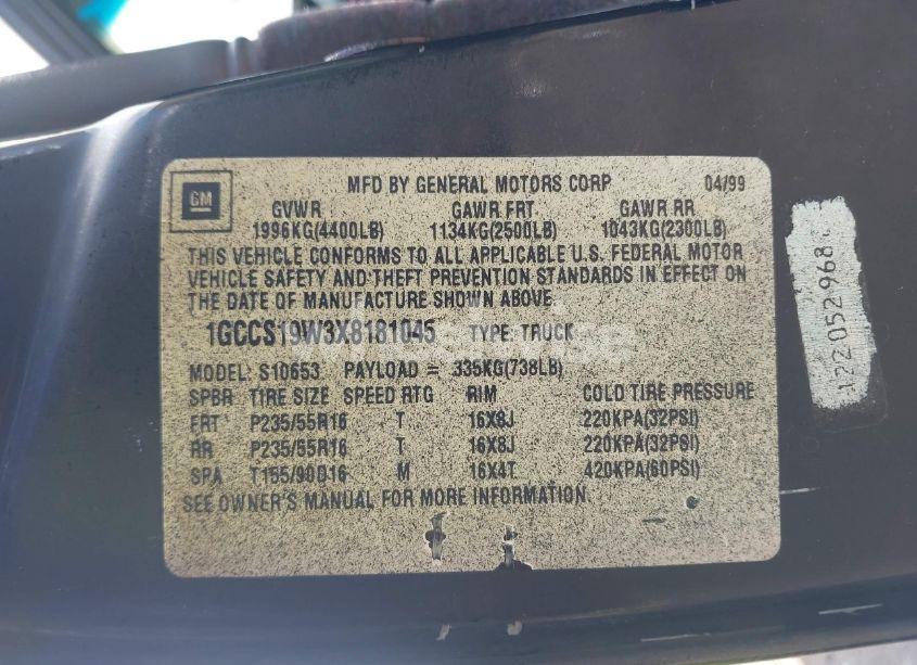 Photo 9 of 1999 Chevrolet S-10 LS (VIN 1GCCS19W3X8181045)