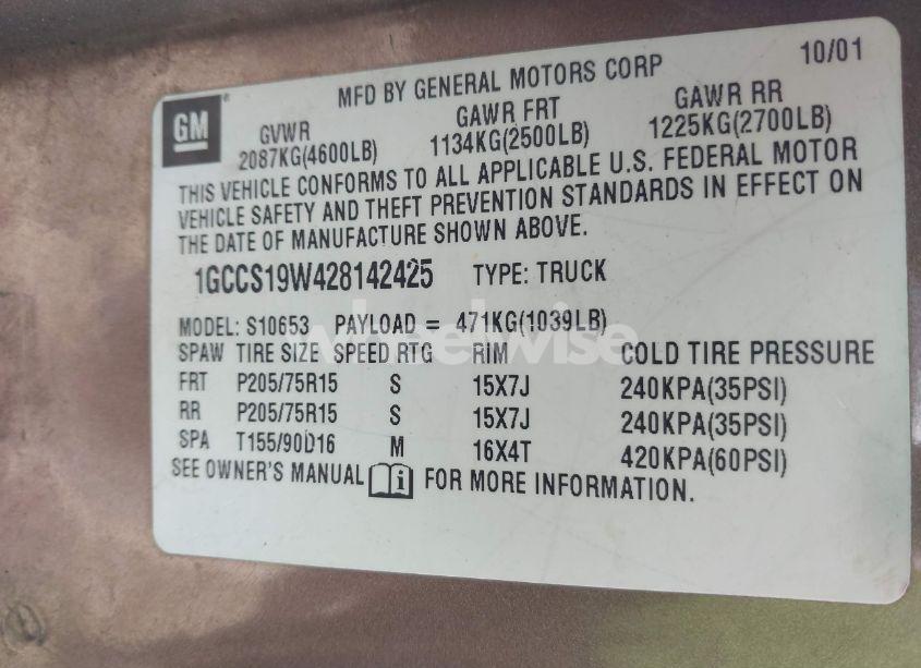 Photo 9 of 2002 Chevrolet S-10 LS (VIN 1GCCS19W428142425)