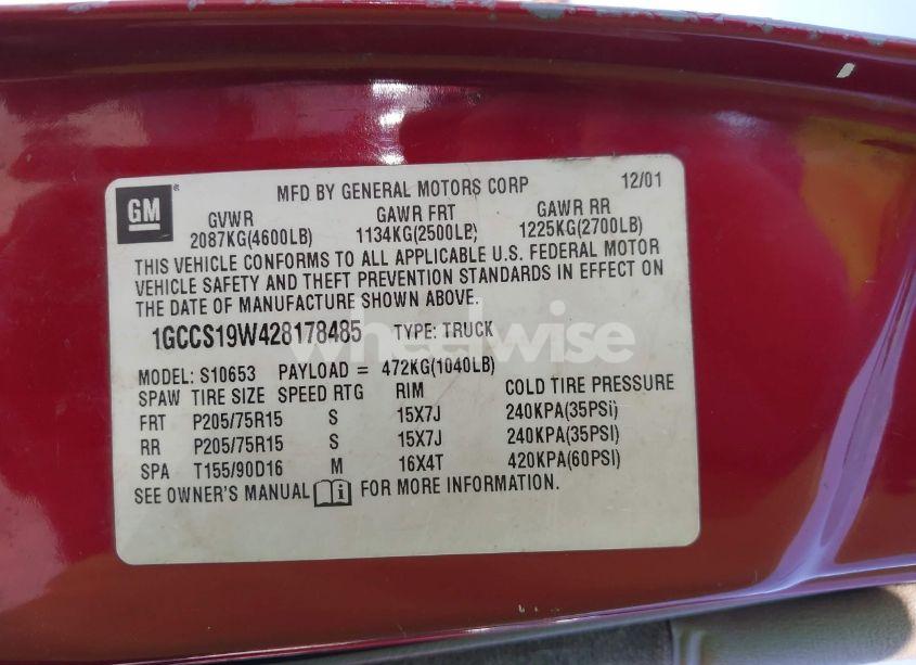 Photo 9 of 2002 Chevrolet S-10 LS (VIN 1GCCS19W428178485)