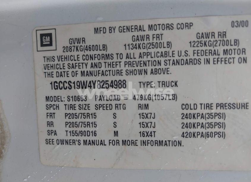 Photo 9 of 2000 Chevrolet S-10 LS (VIN 1GCCS19W4Y8254988)