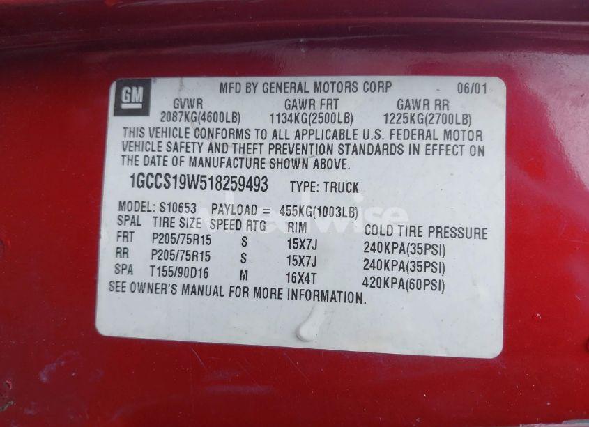 Photo 9 of 2001 Chevrolet S-10 LS (VIN 1GCCS19W518259493)