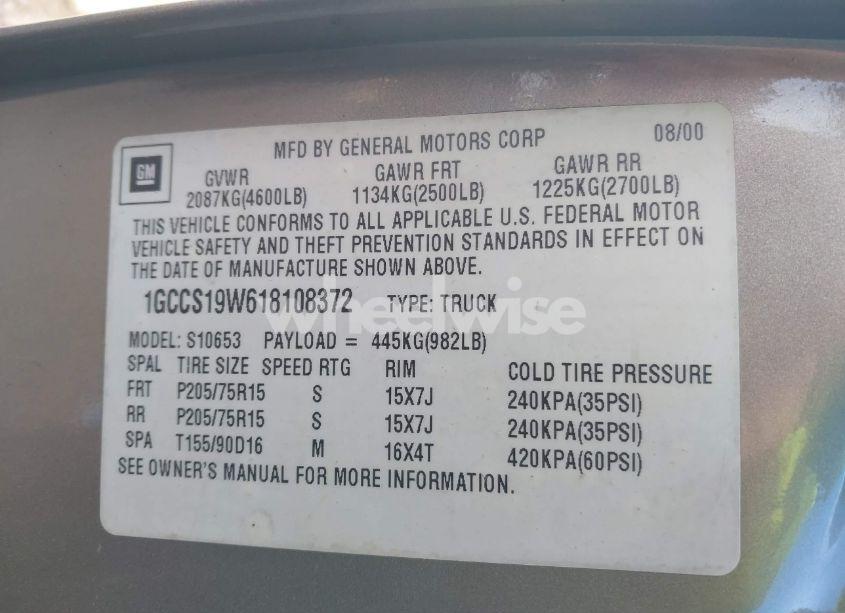 Photo 9 of 2001 Chevrolet S-10 LS (VIN 1GCCS19W618108372)