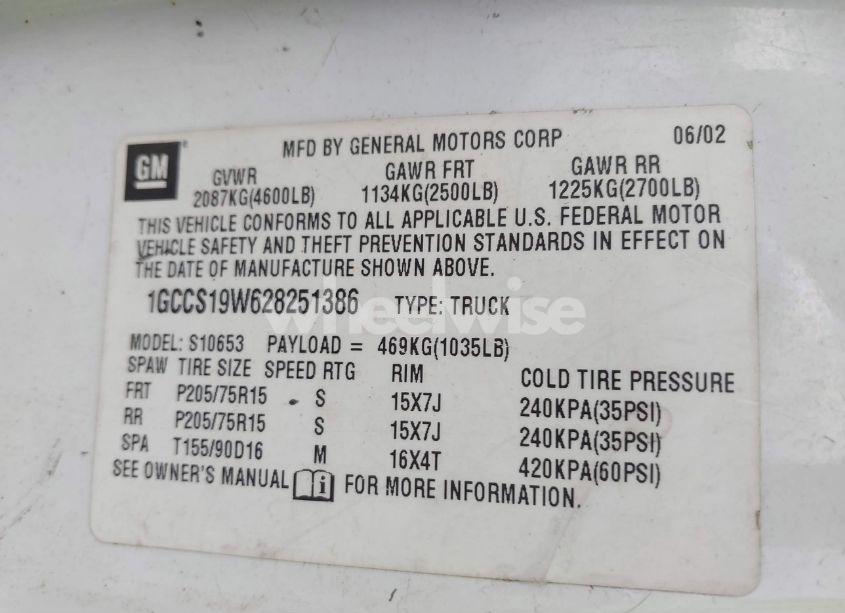 Photo 9 of 2002 Chevrolet S-10 LS (VIN 1GCCS19W628251386)