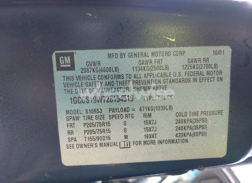 Photo 9 of 2002 Chevrolet S-10 LS (VIN 1GCCS19W728154519)