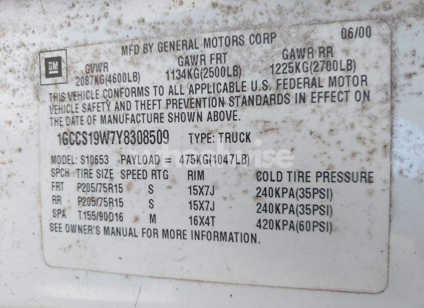 Photo 9 of 2000 Chevrolet S-10 LS (VIN 1GCCS19W7Y8308509)