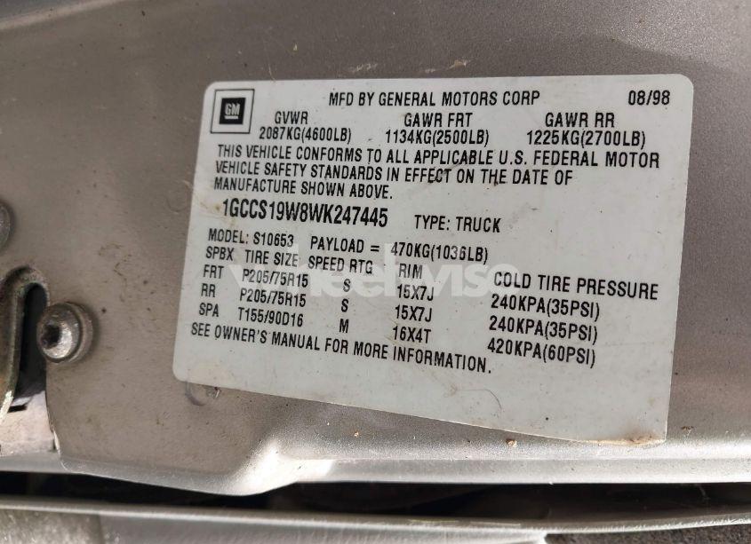 Photo 9 of 1998 Chevrolet S-10 LS FLEETSIDE (VIN 1GCCS19W8WK247445)