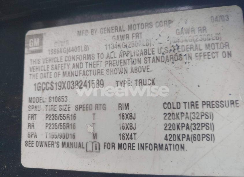 Photo 9 of 2003 Chevrolet S-10 LS (VIN 1GCCS19X038241589)