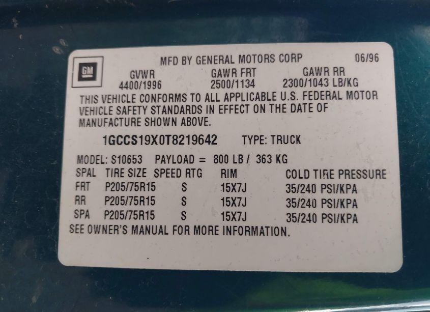 Photo 9 of 1996 Chevrolet S TRUCK S10 (VIN 1GCCS19X0T8219642)