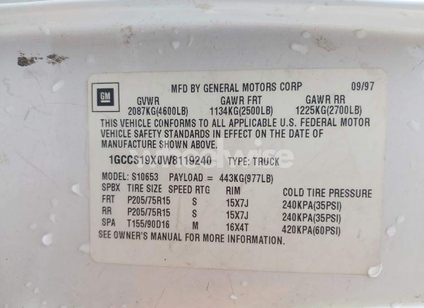 Photo 9 of 1998 Chevrolet S-10 LS SPORTSIDE (VIN 1GCCS19X0W8119240)