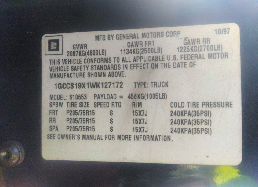 Photo 9 of 1998 Chevrolet S-10 LS FLEETSIDE (VIN 1GCCS19X1WK127172)