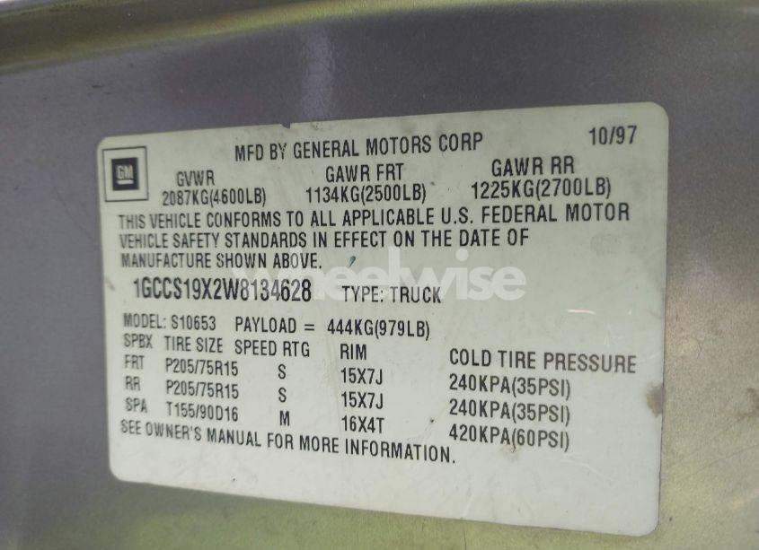 Photo 9 of 1998 Chevrolet S-10 LS FLEETSIDE (VIN 1GCCS19X2W8134628)