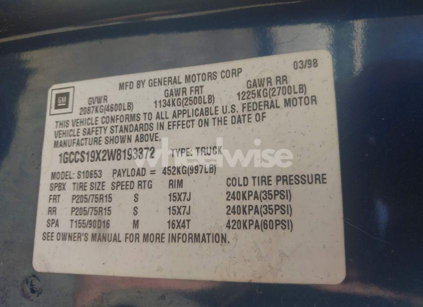 Photo 9 of 1998 Chevrolet S-10 LS FLEETSIDE (VIN 1GCCS19X2W8193372)