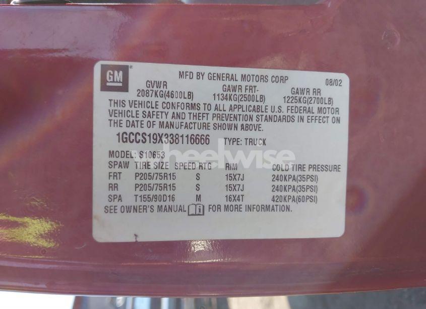 Photo 9 of 2003 Chevrolet S-10 LS (VIN 1GCCS19X338116666)