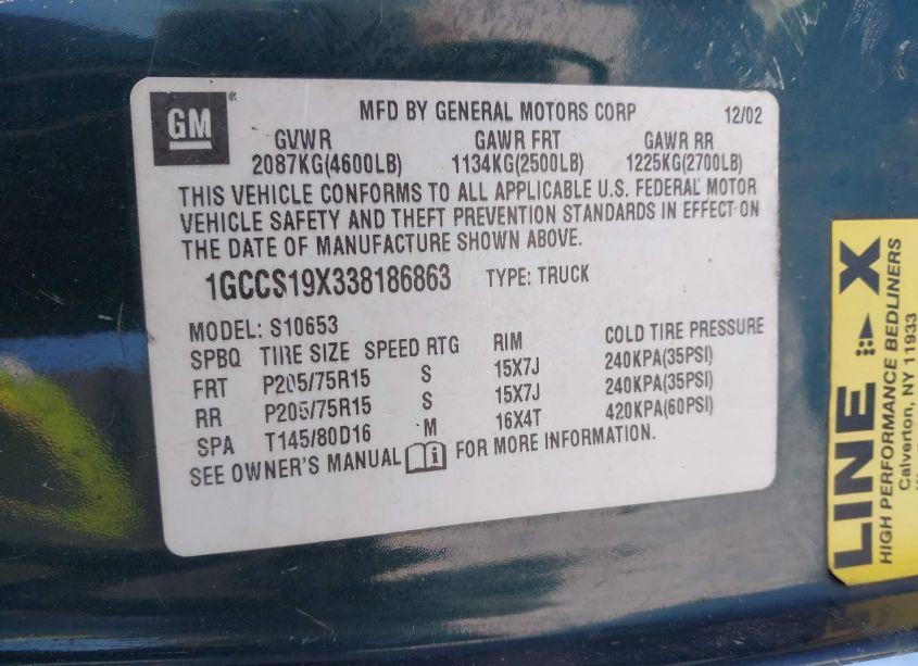 Photo 9 of 2003 Chevrolet S-10 LS (VIN 1GCCS19X338186863)