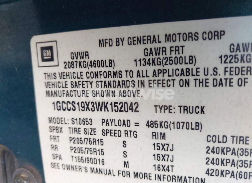 Photo 9 of 1998 Chevrolet S-10 LS FLEETSIDE (VIN 1GCCS19X3WK152042)