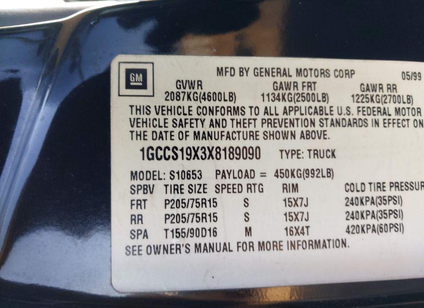 Photo 9 of 1999 Chevrolet S-10 LS (VIN 1GCCS19X3X8189090)