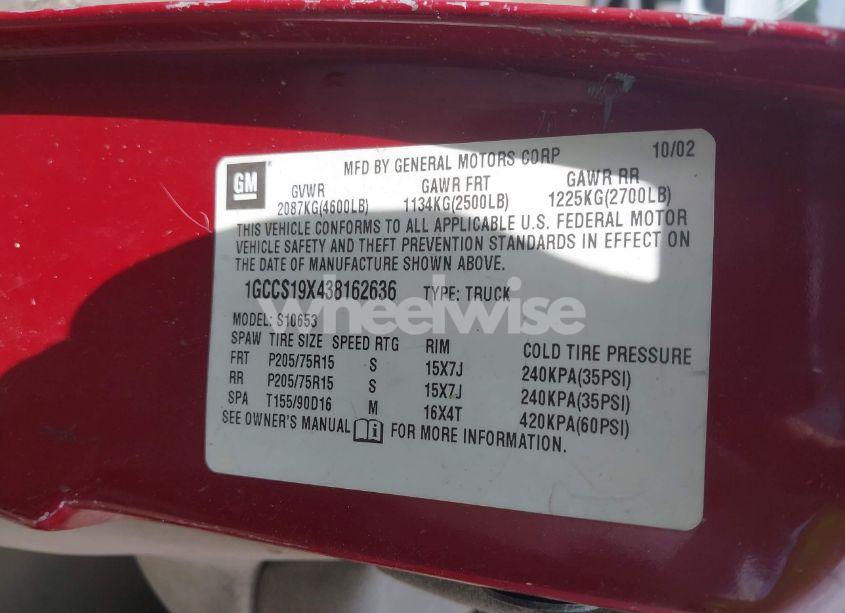 Photo 9 of 2003 Chevrolet S-10 LS (VIN 1GCCS19X438162636)