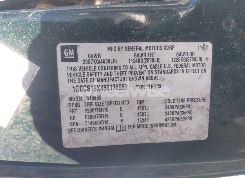 Photo 9 of 2003 Chevrolet S-10 LS (VIN 1GCCS19X438175967)