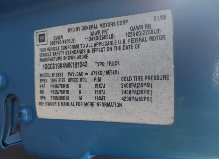 Photo 9 of 1998 Chevrolet S-10 LS FLEETSIDE (VIN 1GCCS19X4WK181243)