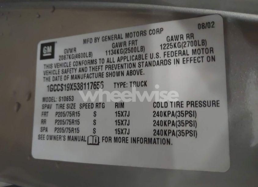 Photo 9 of 2003 Chevrolet S-10 LS (VIN 1GCCS19X538117656)