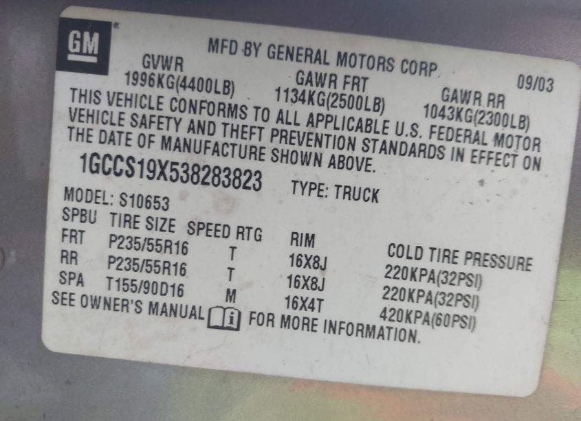 Photo 9 of 2003 Chevrolet S-10 LS (VIN 1GCCS19X538283823)