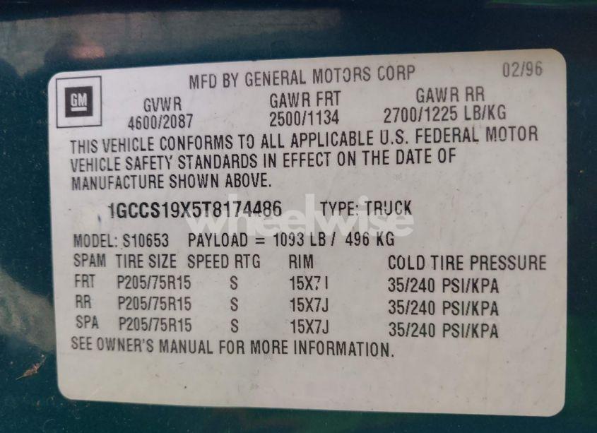 Photo 9 of 1996 Chevrolet S TRUCK S10 (VIN 1GCCS19X5T8174486)