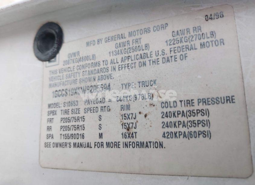 Photo 9 of 1998 Chevrolet S-10 LS FLEETSIDE (VIN 1GCCS19X5W8205594)