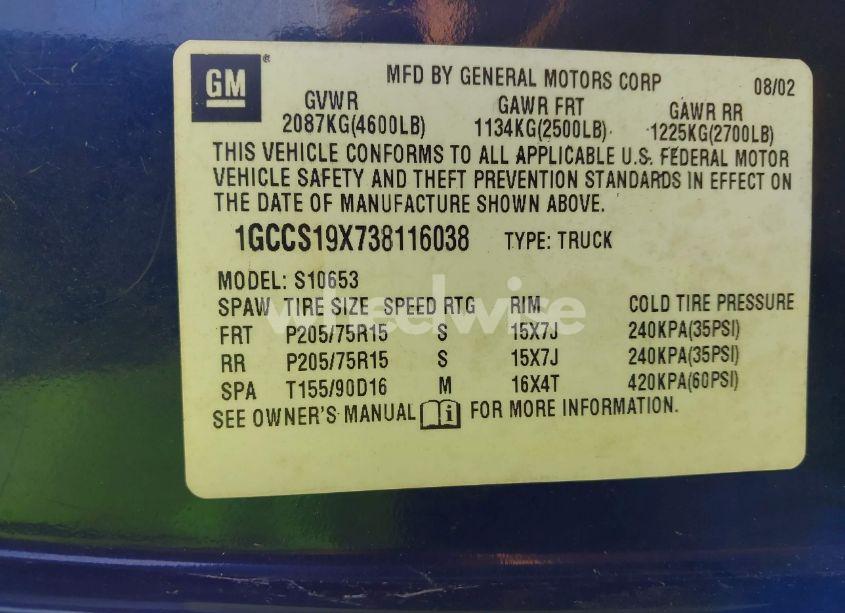 Photo 9 of 2003 Chevrolet S-10 LS (VIN 1GCCS19X738116038)