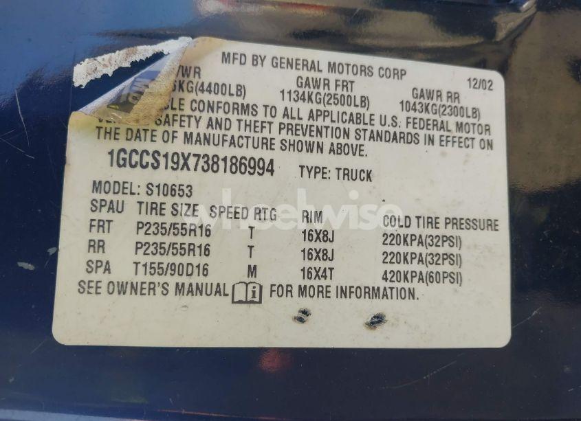 Photo 9 of 2003 Chevrolet S-10 LS (VIN 1GCCS19X738186994)