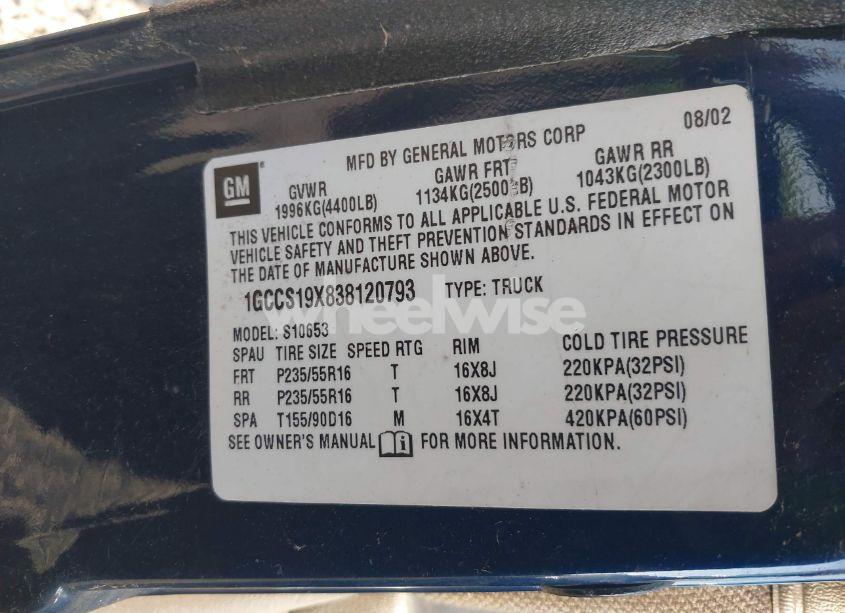 Photo 9 of 2003 Chevrolet S-10 LS (VIN 1GCCS19X838120793)