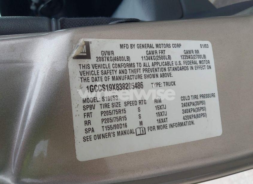 Photo 9 of 2003 Chevrolet S-10 LS (VIN 1GCCS19X838205486)