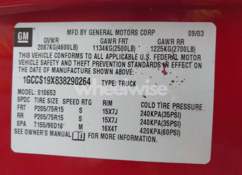 Photo 9 of 2003 Chevrolet S-10 LS (VIN 1GCCS19X838290264)