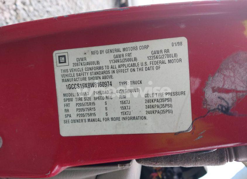 Photo 9 of 1998 Chevrolet S-10 LS FLEETSIDE (VIN 1GCCS19X8W8160974)